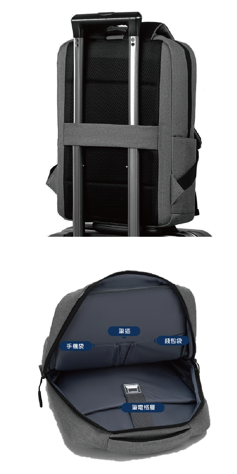 客製簡約輕量雙肩包/筆電後背包灰色款-背面有行李箱拉桿固定帶,可安插在行李箱上。下圖顯示包包內部結構:貼身筆插、手機袋、錢包袋、筆電隔層。