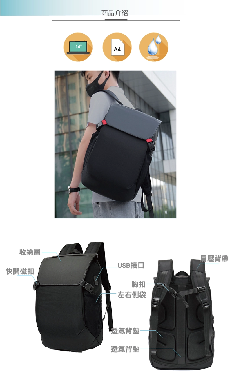 背包工廠客製化後背包商品介紹圖(AB110 )。頂部圖示顯示三項特色:適用14吋筆電、可放A4文件、防水材質。中間為實拍照,一名男性側背此黑灰色後背包。底部為結構標示圖,正面標示包含收納層、快開磁扣、USB接口、胸扣、左右側袋;背面標示包含肩壓背帶與透氣背墊。