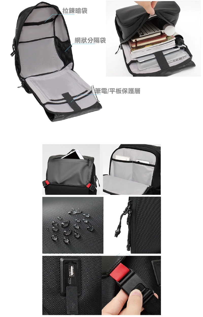 背包工廠的後背包內部收納細節圖,展示拉鍊暗袋、網狀分隔袋、筆電/平板保護層,以及防水布料、USB接口與紅色快開磁扣等細部特寫。