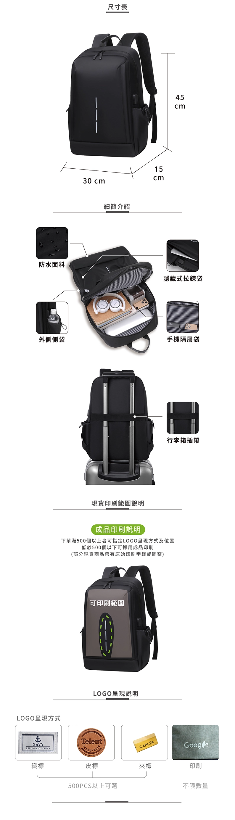 簡約休閒電腦背包-尺寸表與細節介紹