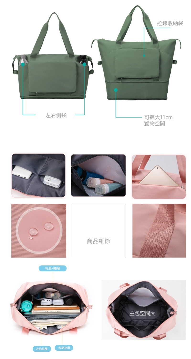 背包工廠訂製韓系旅行袋功能結構說明圖,綠色款正背面對照,標示左右側袋、頂部拉鍊收納袋與可擴大11cm置物空間,下方附商品細節特寫,包含手機充電器收納內袋、盥洗用品濕袋分隔層、平板夾層、防水布料潑水測試、提把縫製工藝,以及乾濕分離層與主包大空間俯視圖。