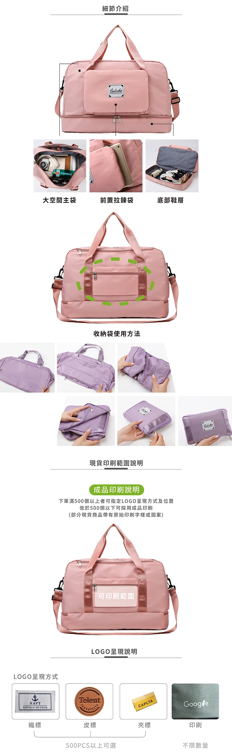 代工潮流折疊運動提袋/旅行包/健身包(附鞋袋)-產品細節介紹；收納方式；可印製範圍標示