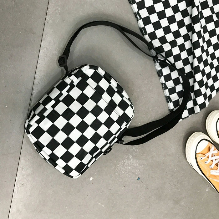 黑白棋盤格網袋圖客製化日系隨行包生活小包側背包F041企業禮贈品包袋訂製