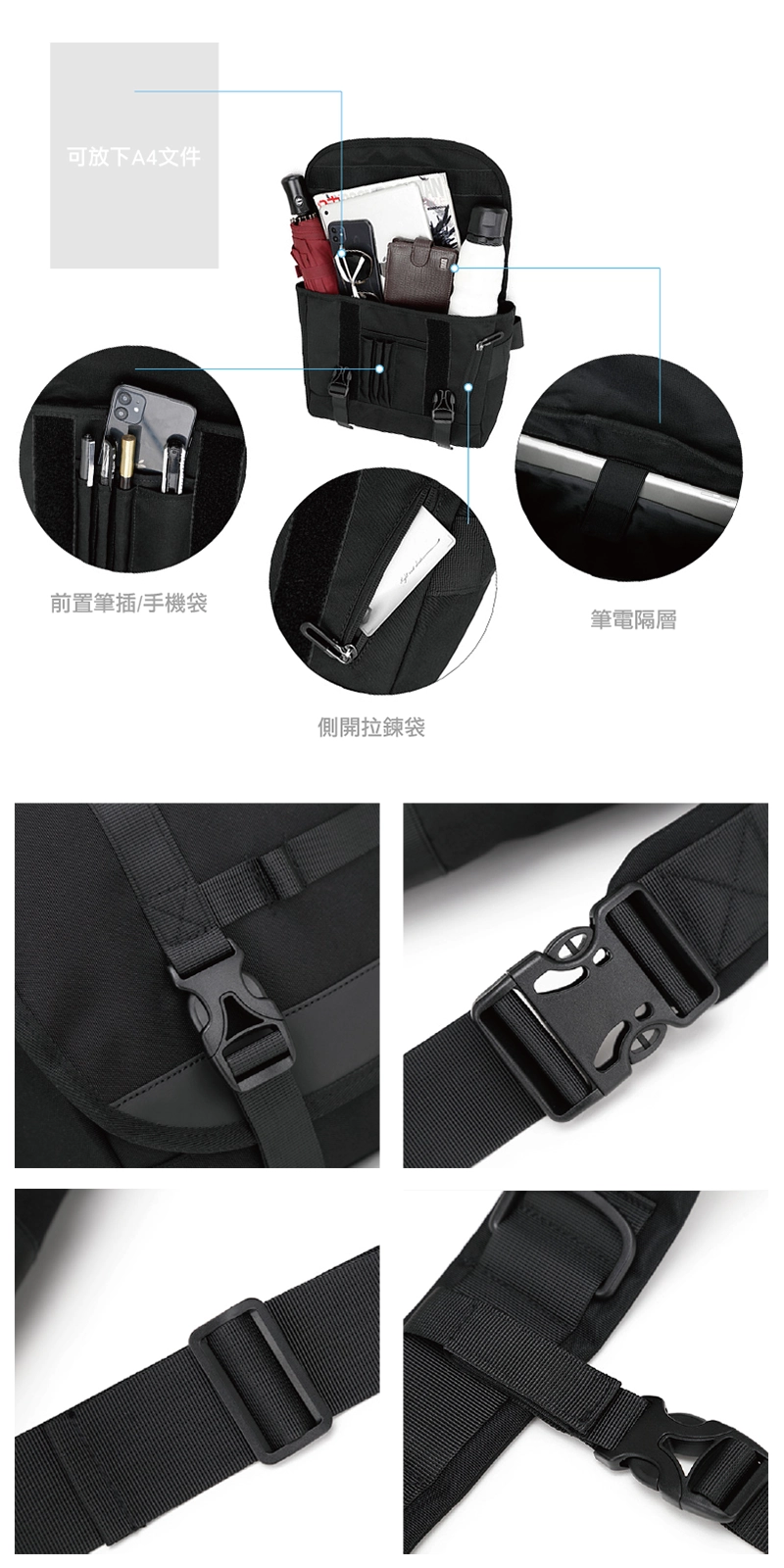 客製潮流郵差包細節展示：可放下A4文件、前制筆插／手機袋、側開拉鍊袋、筆電隔層。