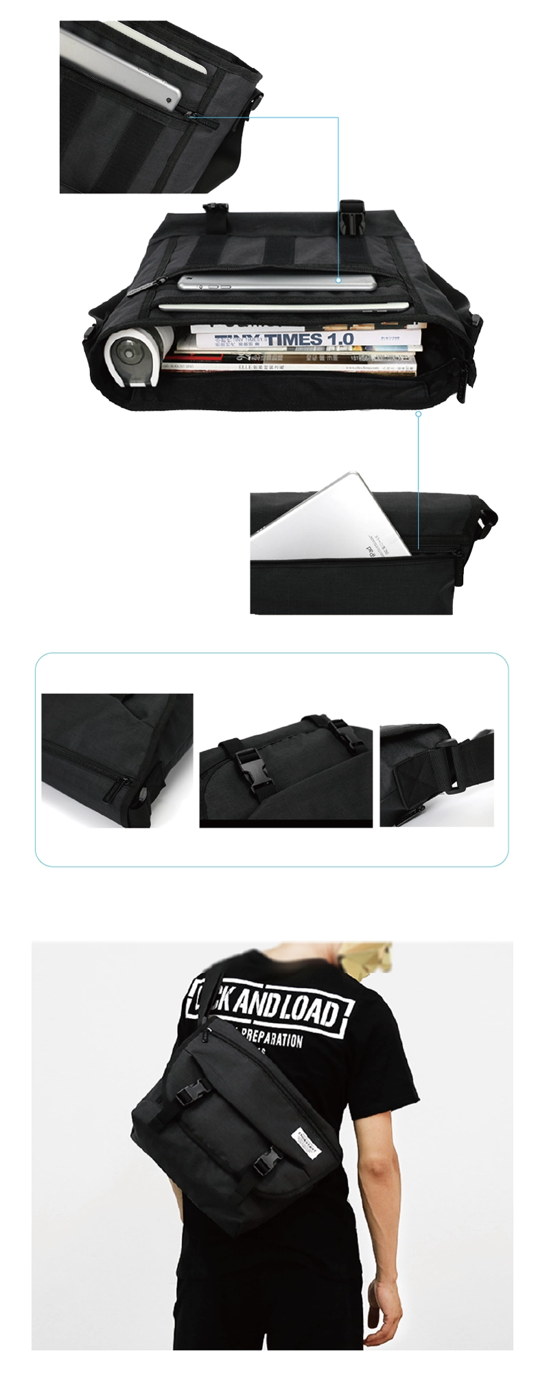 客製化日系休閒郵差包收納與細節展示,上方呈現主艙可同時放入筆電、平板與書本的收納實拍,並附後幅拉鍊暗袋特寫;中間三格為前扣、插扣與肩帶調節細節;下方為男性斜背實拍情境照。