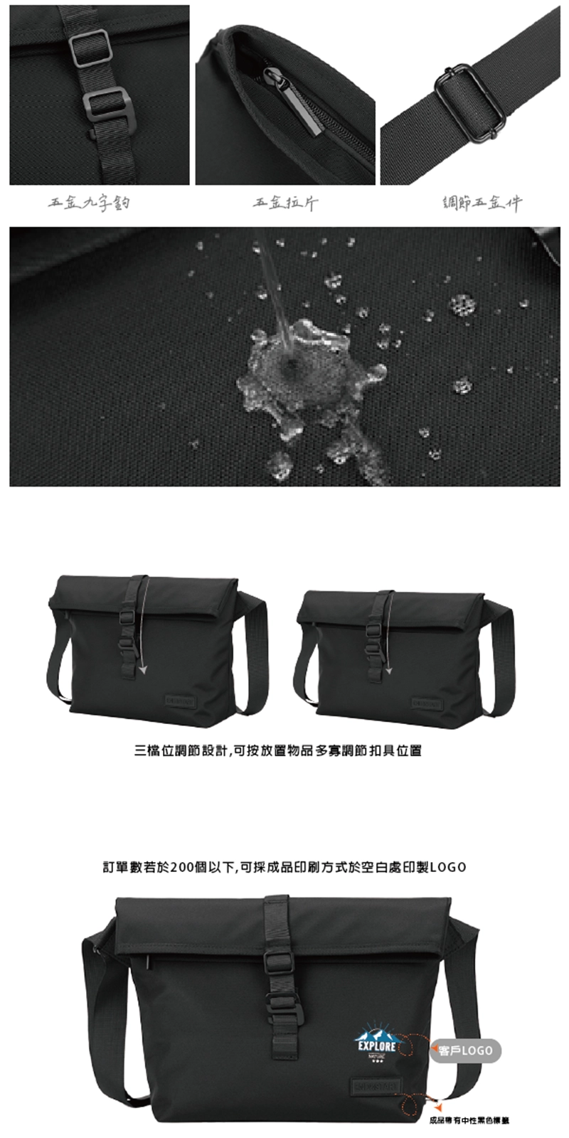 客製雅痞折口側背包/郵差包/斜背包-細節介紹:固定扣、五金拉片、背帶調節扣、防潑水布料;三檔位調節設計,可依照物品多寡調節扣具位置
