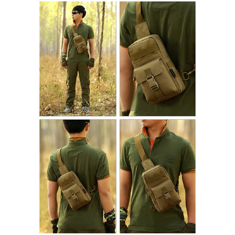 棕色軍風戰術單肩胸包的四宮格型男實穿示範。畫面由四張照片組合,展示身穿軍綠色服飾的男模特兒多角度配戴效果,包含挺拔的全身站姿、胸前包身結構特寫,以及背面流線型的斜背帶呈現。