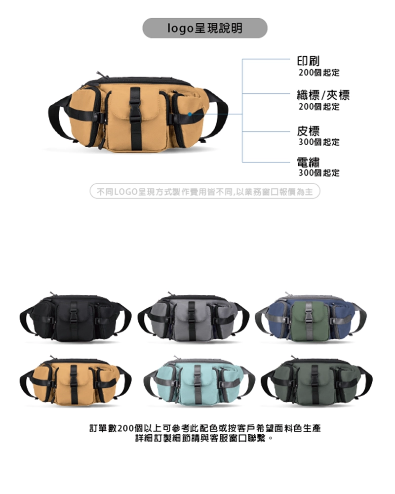 客製潮流拼色單肩胸包／腰包提供多色可選，訂單數200以上可以指定面料色，依照預算可挑選織標、皮標、夾標或印刷來呈現企業logo或圖示。