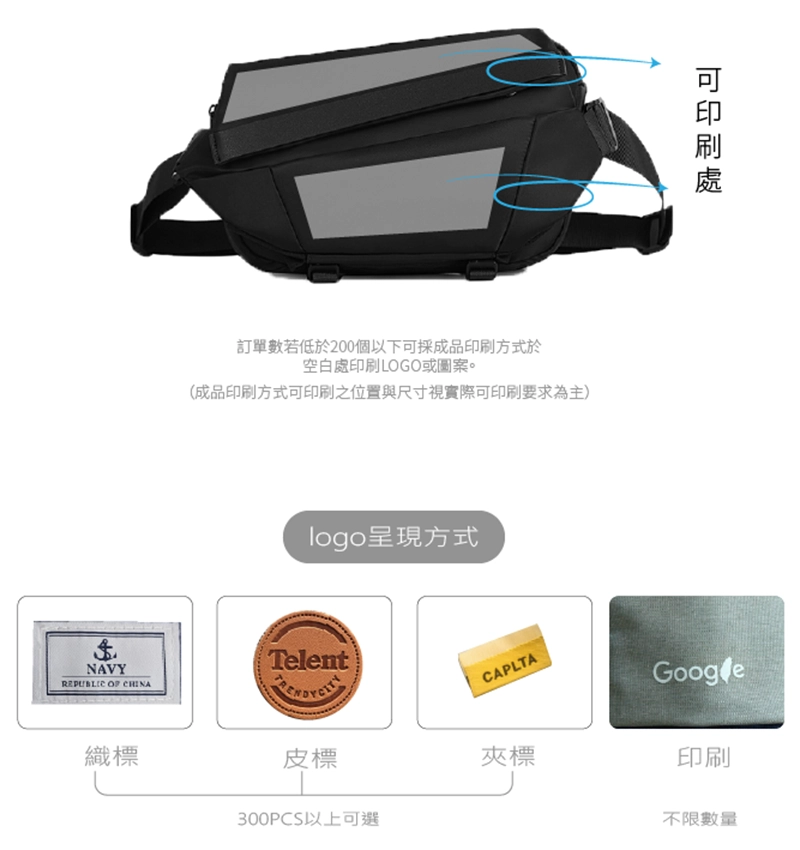客製化都會大容量湖流單肩胸包可印製的範圍標示