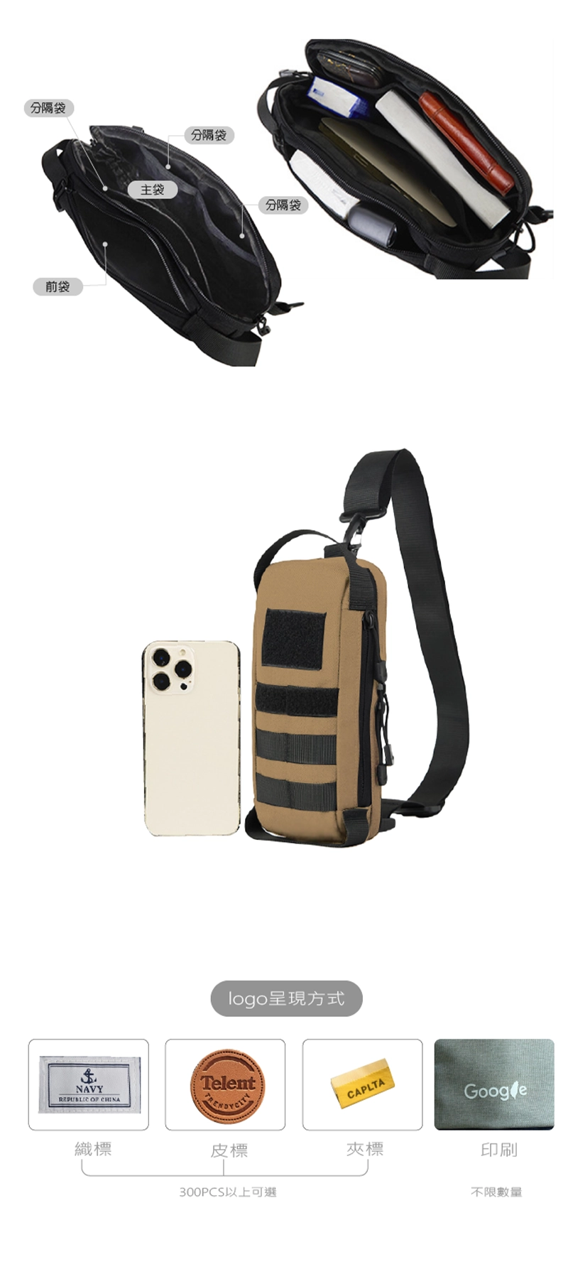 客製化軍風單肩胸包結構一覽:主袋、分隔帶三處、前袋;下方展示胸包和手機的尺寸對比;倍勁企業可依照需求提供不同的加工方式:皮標、織標、夾標、印刷