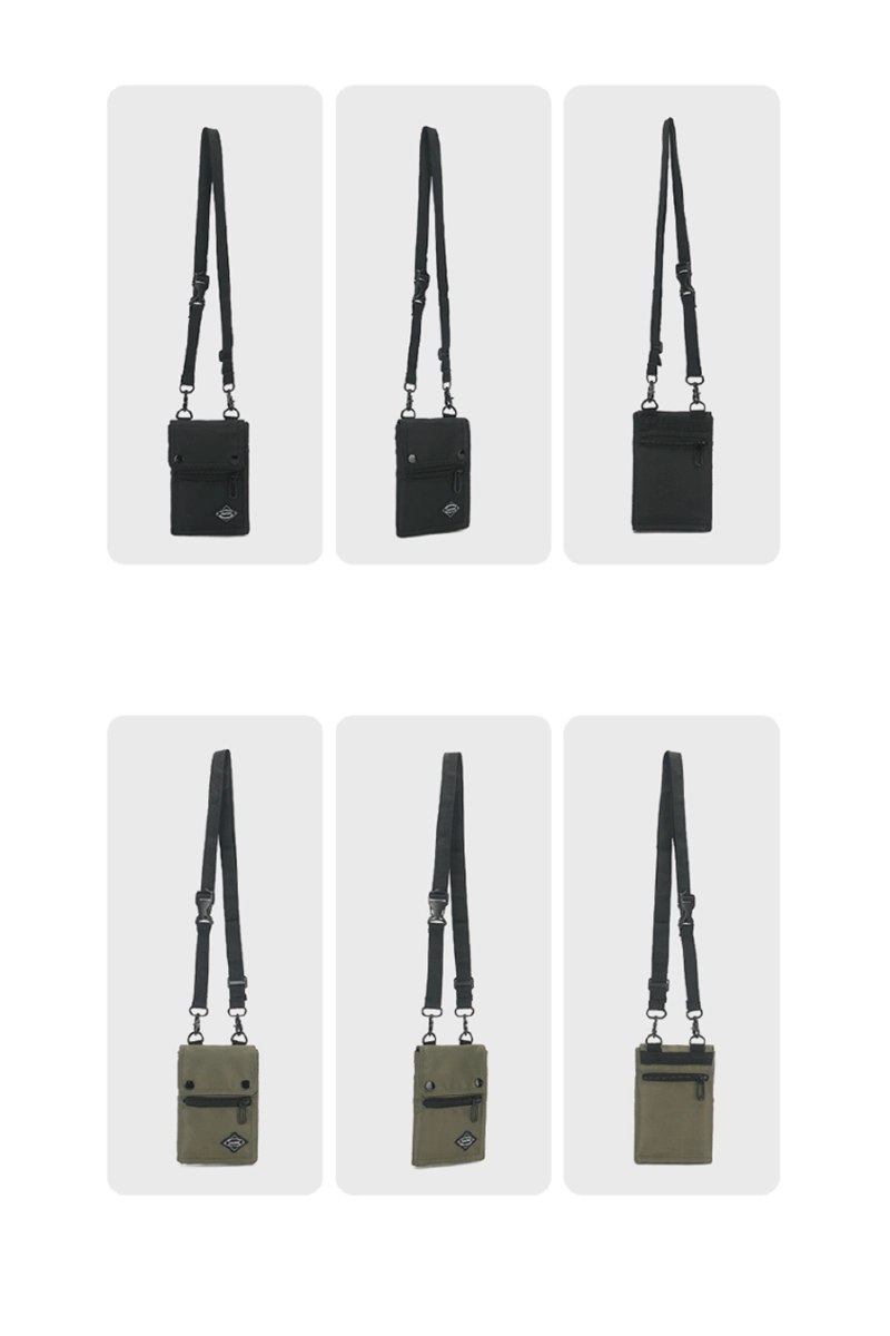 客製潮流休閒側背包/手機袋-黑色與軍綠色的各角度展示。