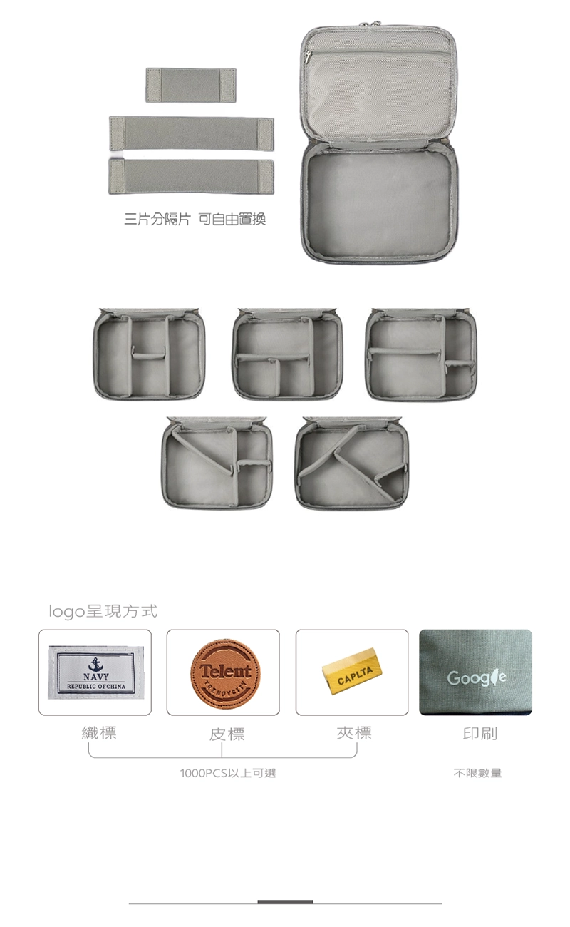 客製日系3C多用途收納包(雙層)同樣附有三片分隔片，可依照個人習慣分類方式自由更換。